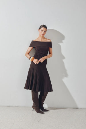 Althena Off Shoulder Knitted Midi Dress - Chocolate