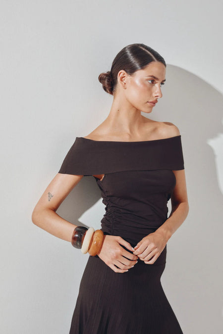 Althena Off Shoulder Knitted Midi Dress - Chocolate