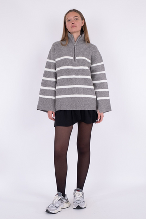 Nevena Stripe Knit Blouse - Dark Grey/Off White