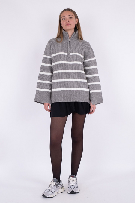 Nevena Stripe Knit Blouse - Dark Grey/Off White