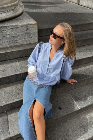 Panama Embroidery Blouse - Light Blue